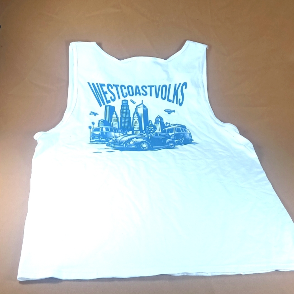 Volkswagen westcoastvolks wood cut design screen print off white men's tank top